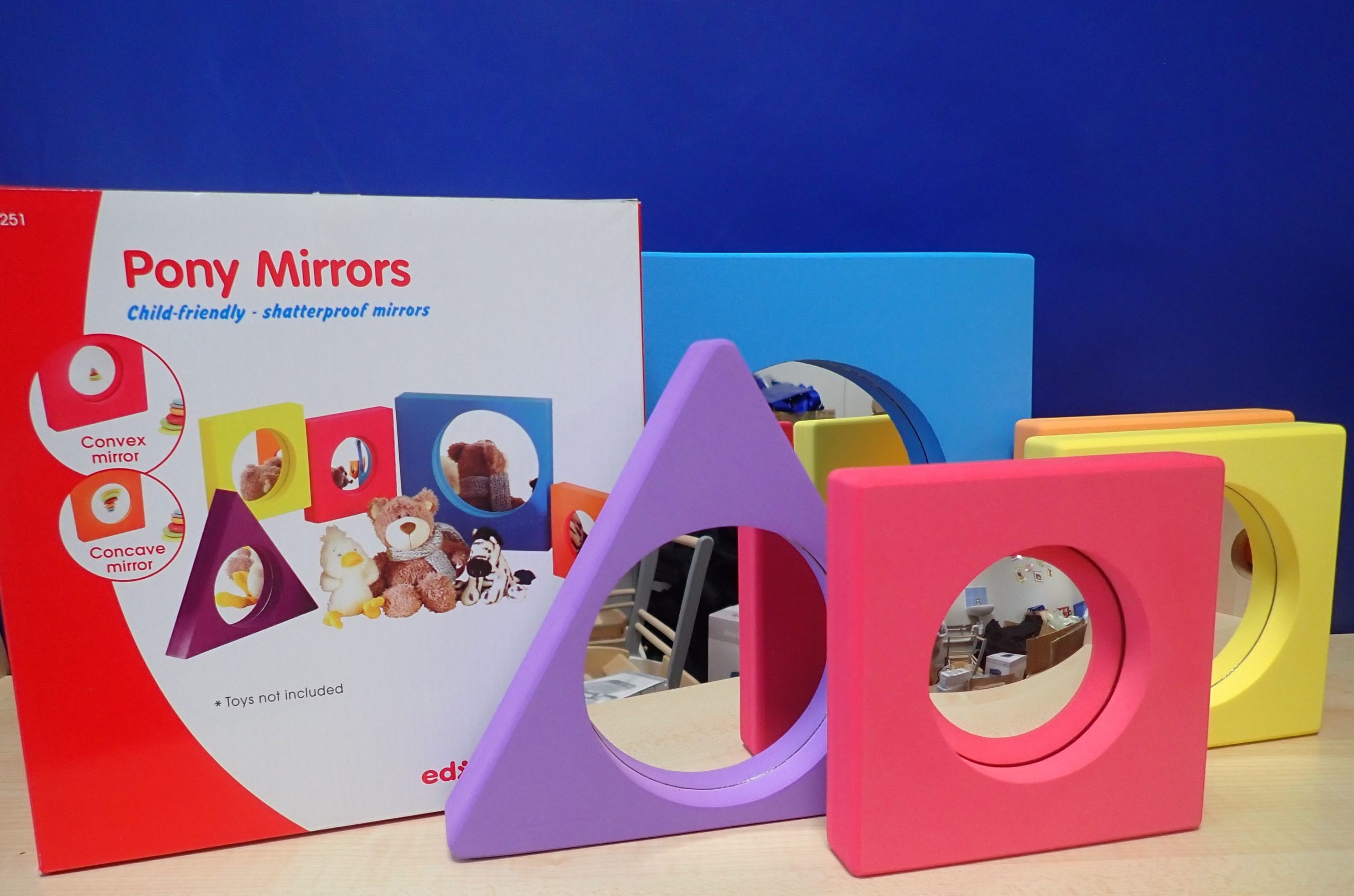 Shatterproof mirrors in a foam frame. The mirrors come in different sizes and include concave and convex mirrors.